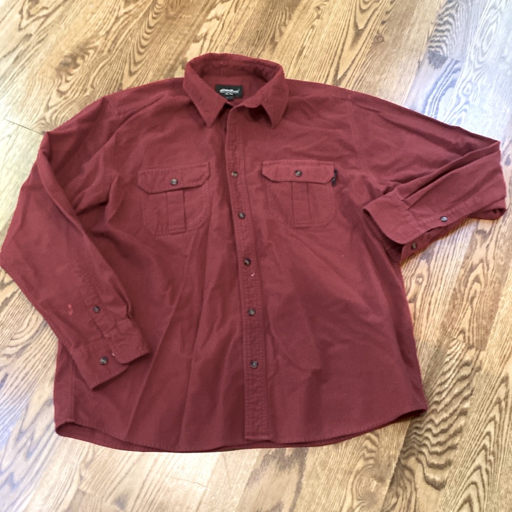 Eddie Bauer 100% cotton chambray button down work shirt chamois soft outdoor L